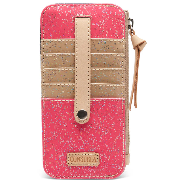 A pink and beige wallet case with a textured pattern, featuring a vertical beige strap, four card slots, and a zipper with a tassel pull, branded with 'CONSUELA' on a beige patch at the bottom.