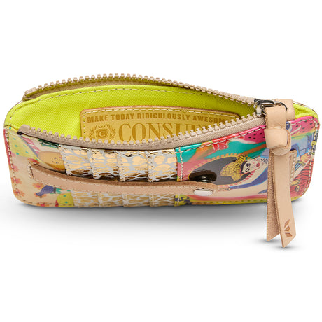 Colorful zippered pouch with a decorative strap on a white background