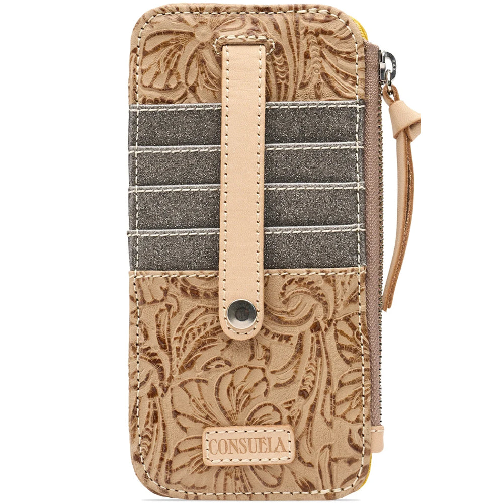 A Consuela zip-around wallet in tan tooled leather with a vertical beige strap, dark gray striped card slots, and a wristlet loop, shown on a white background.