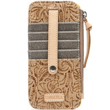 A Consuela zip-around wallet in tan tooled leather with a vertical beige strap, dark gray striped card slots, and a wristlet loop, shown on a white background.