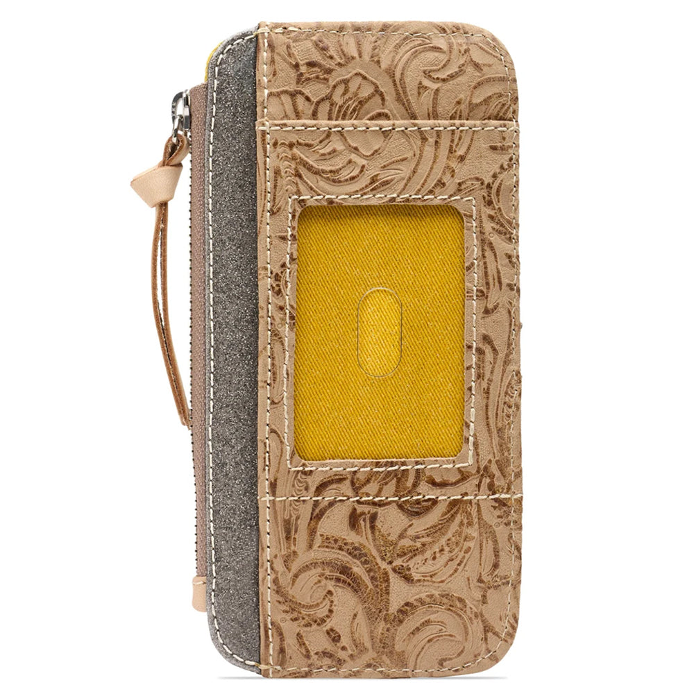 A tan tooled leather wallet with a textured gray side panel, a yellow ID window, and a zipper closure, shown on a white background.