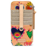 A Consuela zip-around wallet with a beige leather strap and multiple card slots, decorated with colorful bohemian-style floral and heart patterns on a peach background.