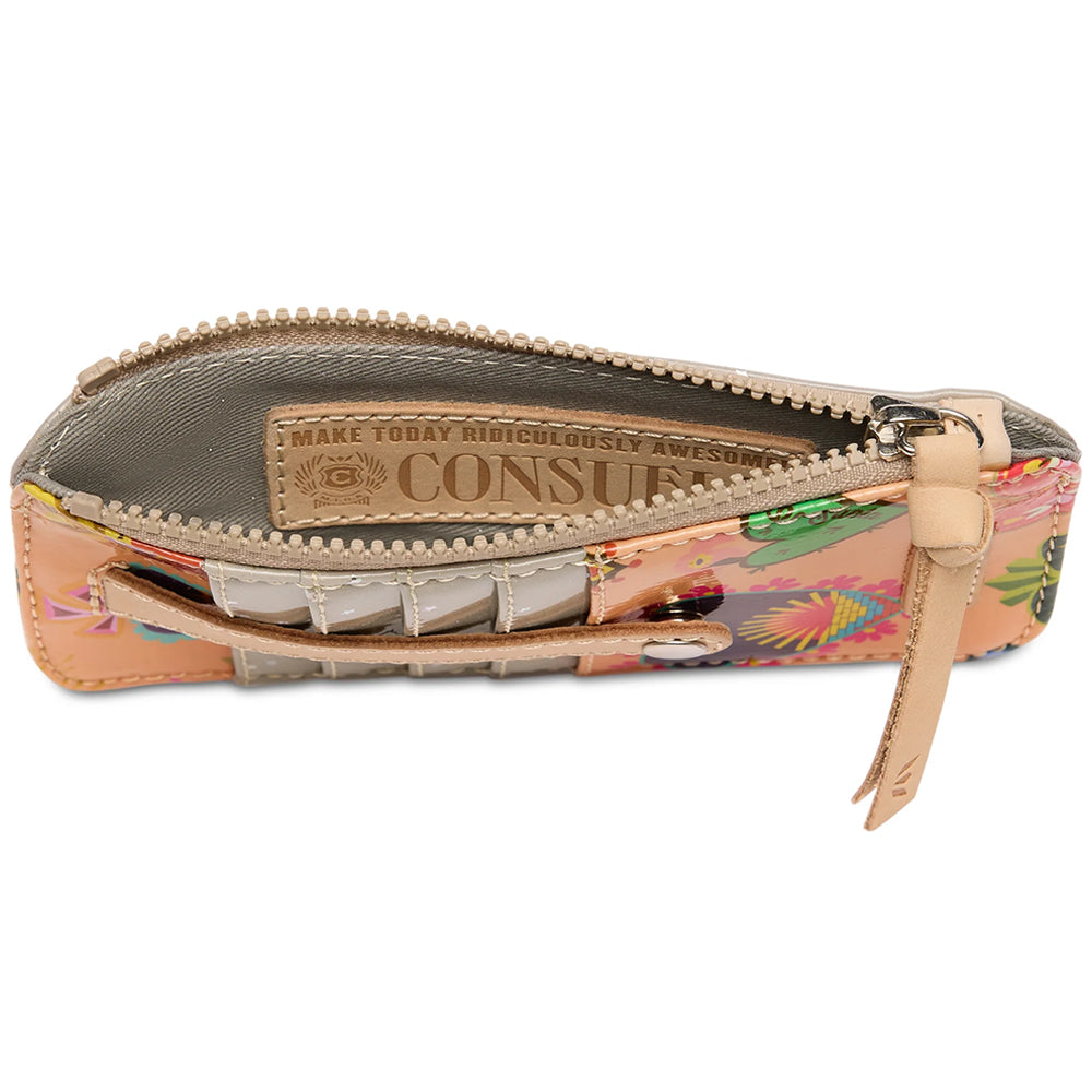 A wallet in peach-colored faux leather with a colorful heart pattern and a clear ID window, shown on a white background.