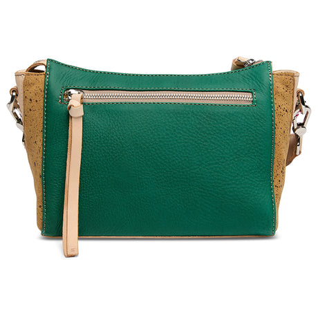 Green handbag with beige accents on a white background