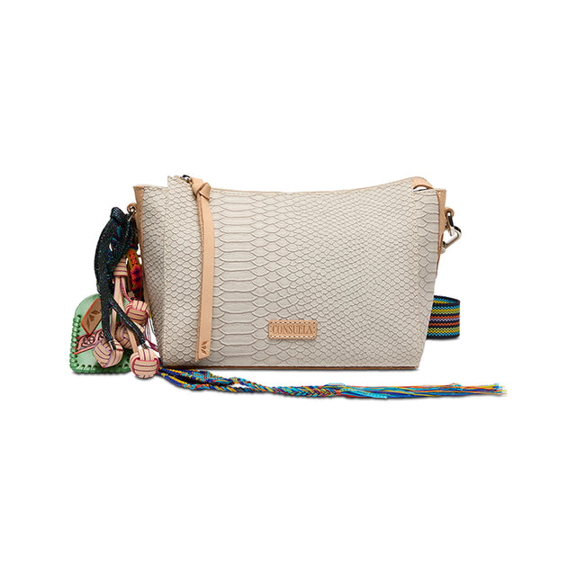 Beige handbag with a colorful strap on a white background