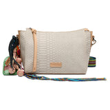 Beige handbag with a colorful strap on a white background