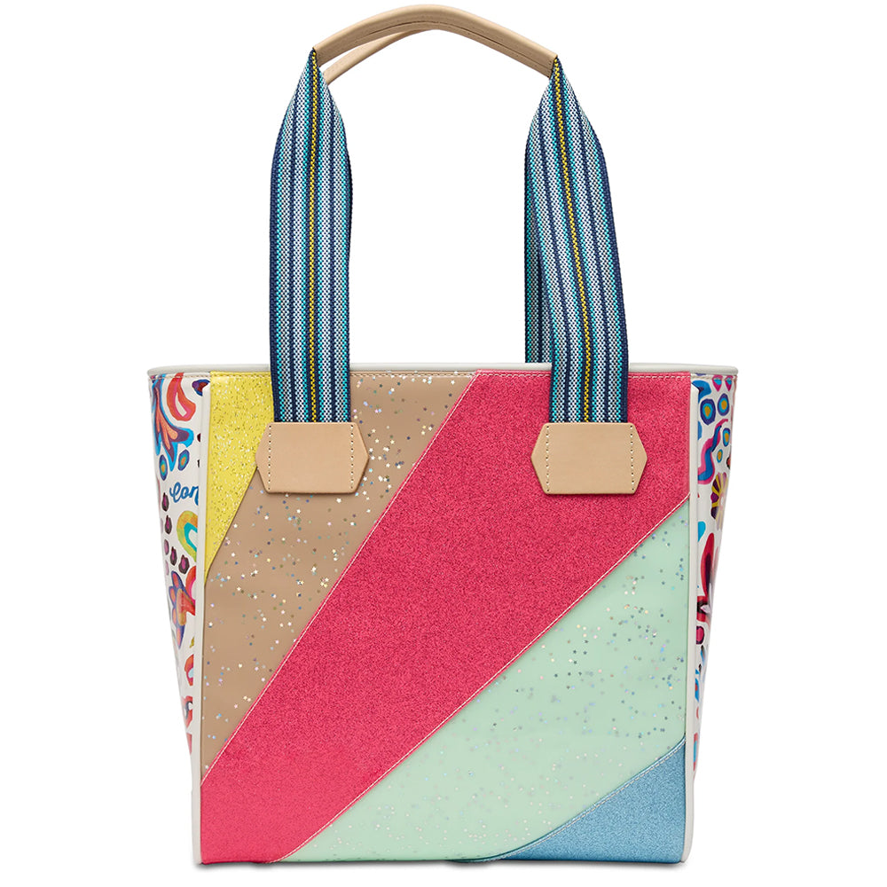 Colorful tote bag with geometric pattern on a white background