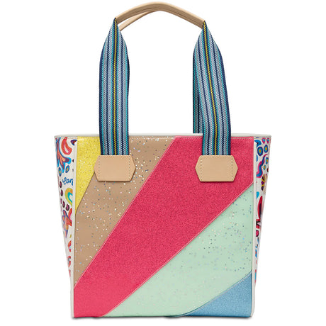 Colorful tote bag with geometric pattern on a white background