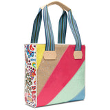 Colorful tote bag with patterned design on a white background