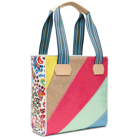 Colorful tote bag with patterned design on a white background