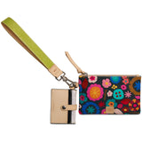Colorful floral-patterned wallet with a detachable strap on a white background