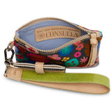 Colorful handbag with floral pattern and visible brand name on a white background