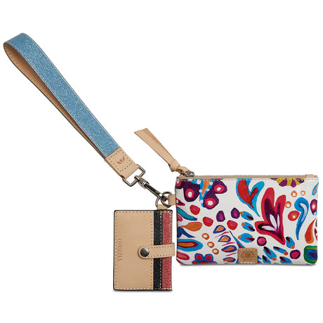 Colorful patterned wallet with a strap and matching cardholder on a white background