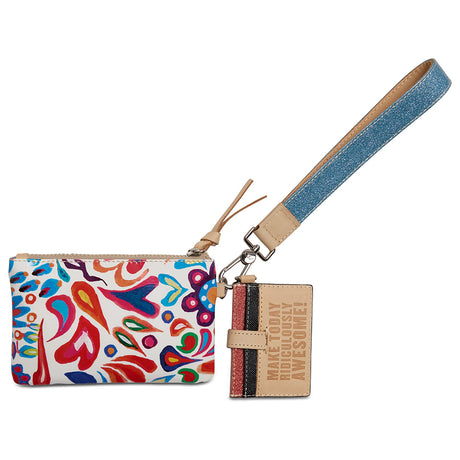 Colorful patterned pouch with a strap and small card holder on a white background