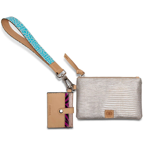 Silver wristlet with a strap and card holder on a white background