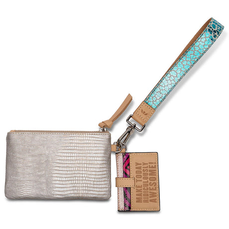 Silver wallet with a colorful strap on a white background