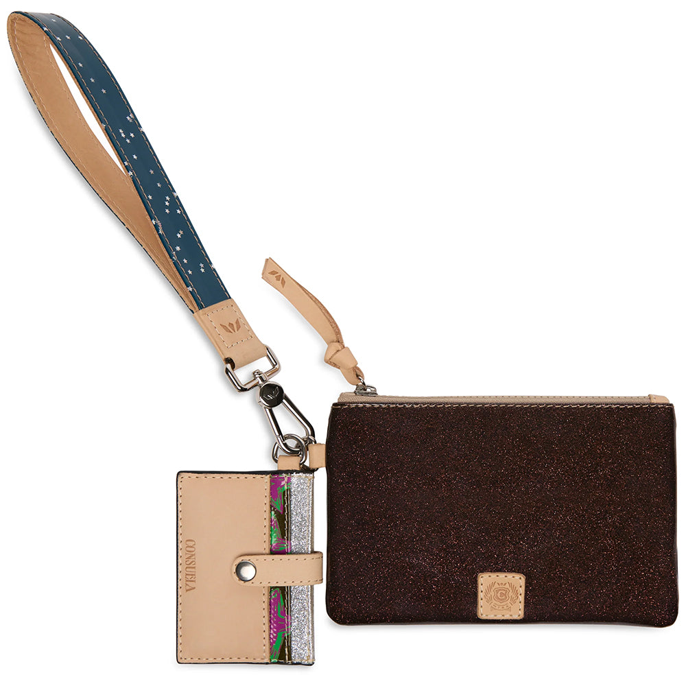 Brown wallet with strap and card holder on a white background