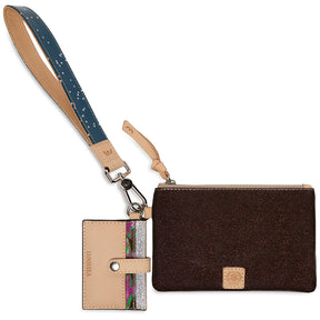 Brown wallet with strap and card holder on a white background