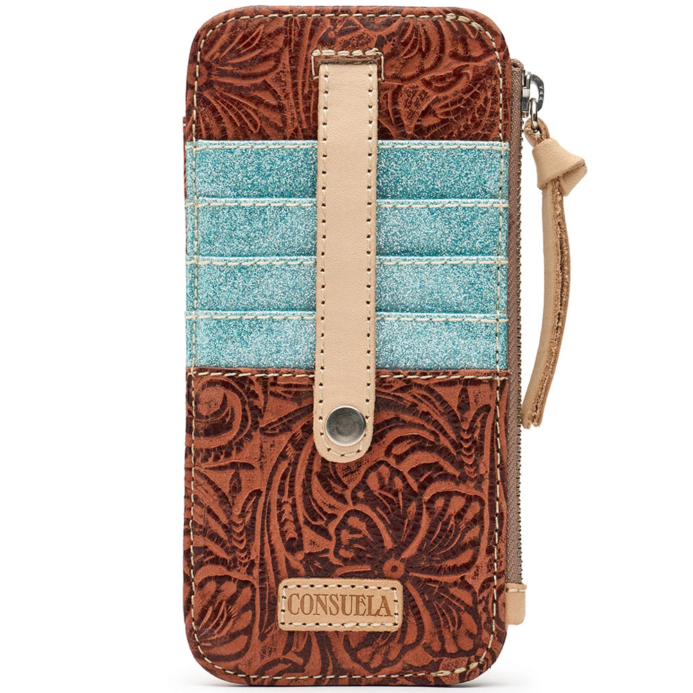 A zip-around wallet with a brown tooled leather exterior, a turquoise glitter side panel, and a pink faux-leather window insert, shown on a white background.