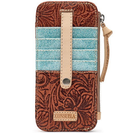 A zip-around wallet with a brown tooled leather exterior, a turquoise glitter side panel, and a pink faux-leather window insert, shown on a white background.