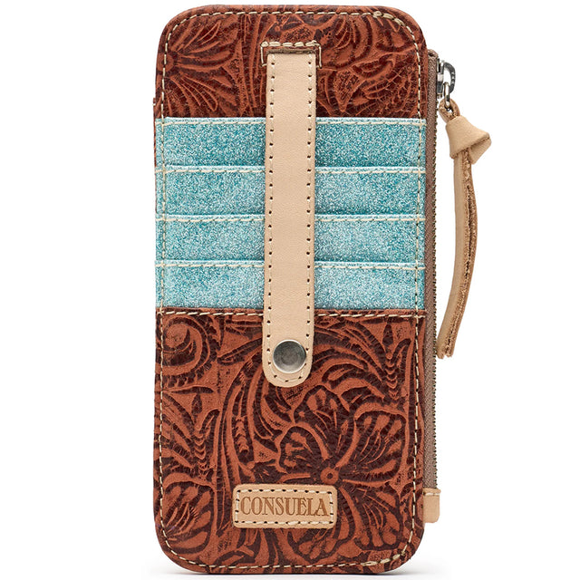 A zip-around wallet with a brown tooled leather exterior, a turquoise glitter side panel, and a pink faux-leather window insert, shown on a white background.