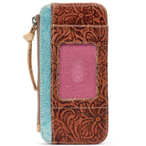 A zip-around wallet with a brown tooled leather exterior, a turquoise glitter side panel, and a pink faux-leather window insert, shown on a white background.