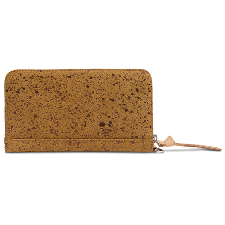Brown speckled wallet with a strap on a white background