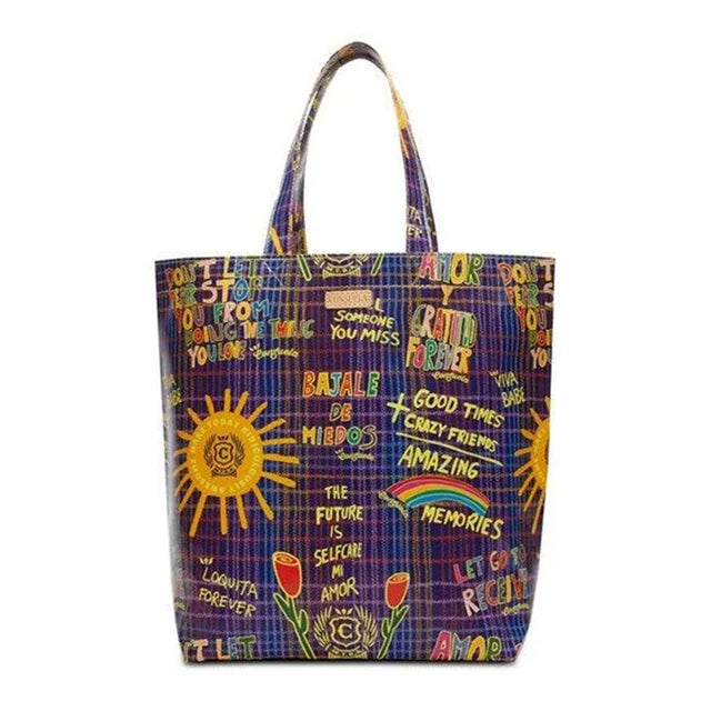 Colorful tote bag with text and graphics on a white background