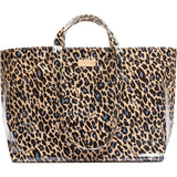 Leopard print tote bag with clear sides on a white background