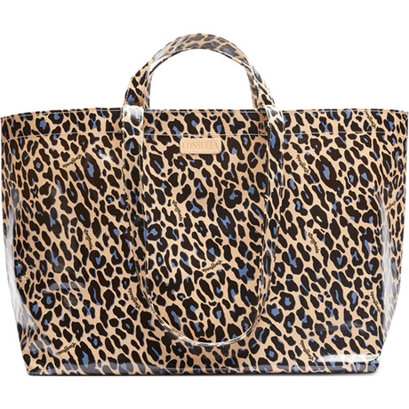 Leopard print tote bag with clear sides on a white background