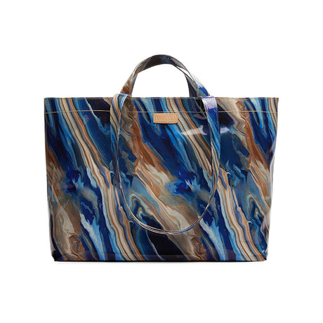 Marbled blue and brown tote bag on a white background