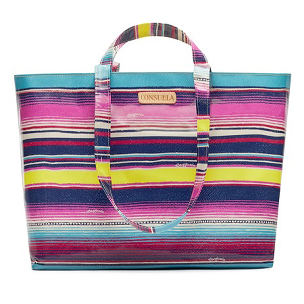 Colorful striped tote bag with a visible brand logo on a white background