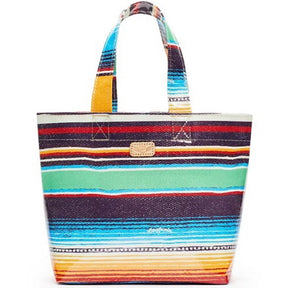 Multicolored striped tote bag on a white background