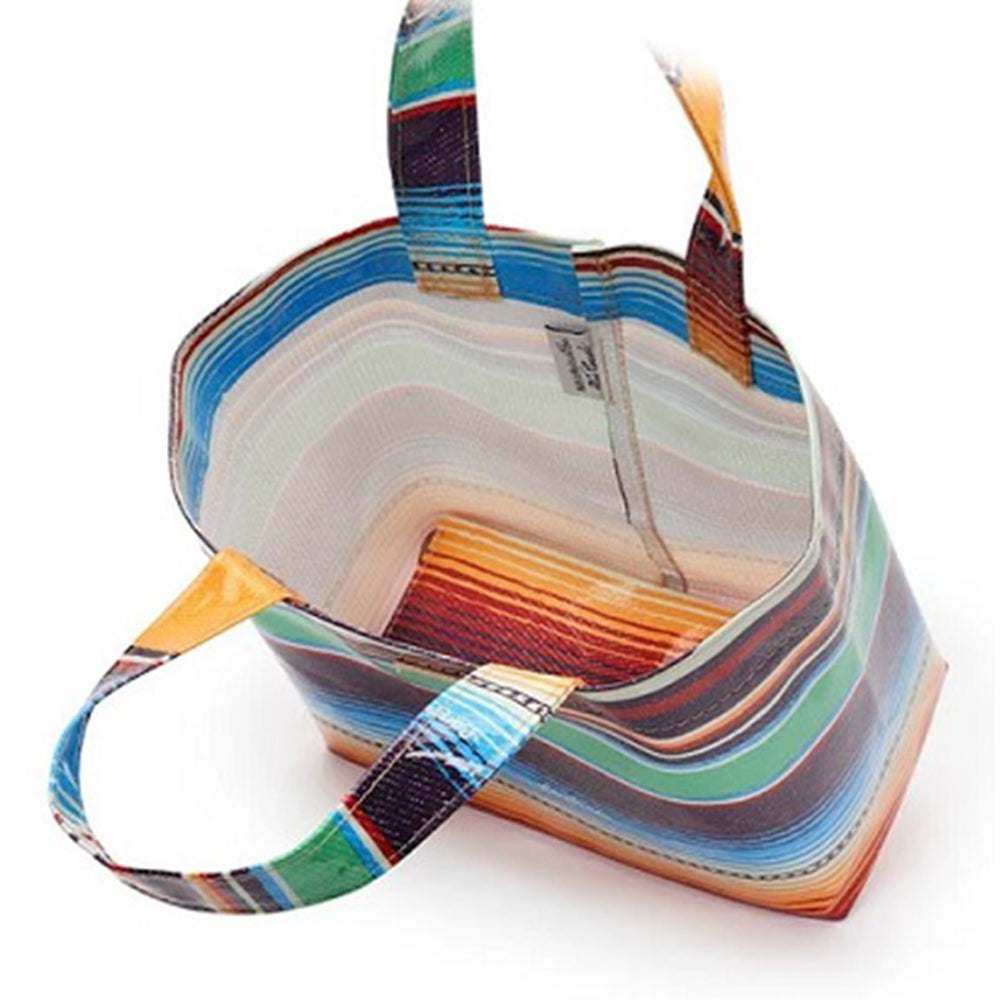 Colorful striped bag with a handle on a white background