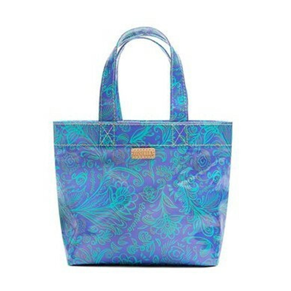 Blue and purple patterned tote bag on a white background