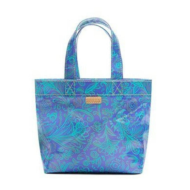Blue and purple patterned tote bag on a white background