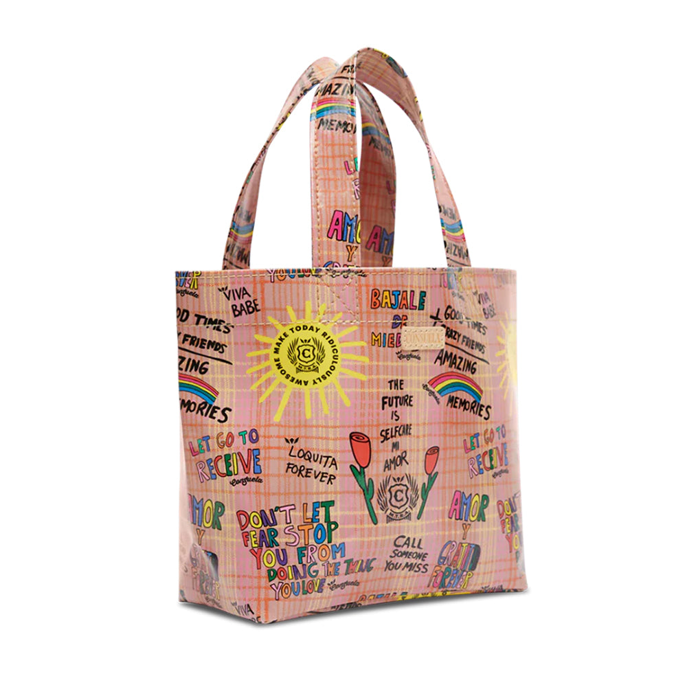 Colorful tote bag with text and graphics on a white background