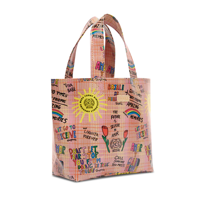 Colorful tote bag with text and graphics on a white background