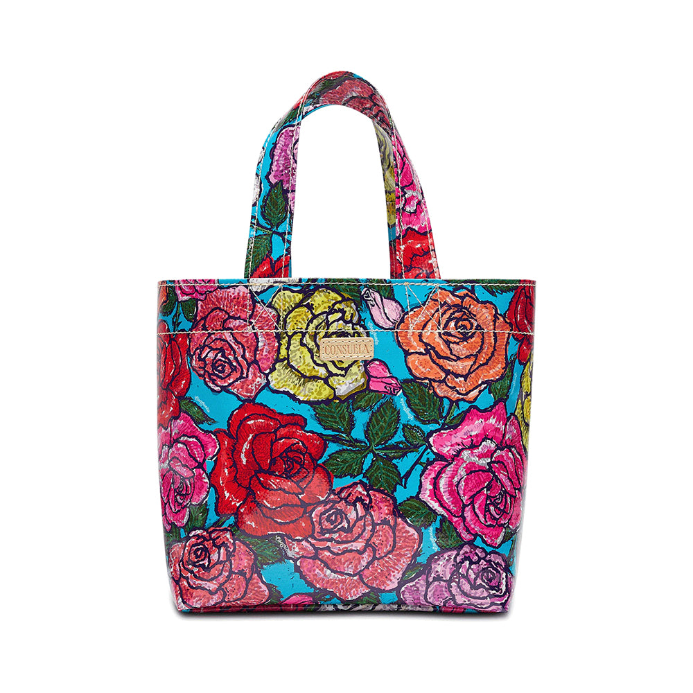 Colorful floral tote bag on a white background