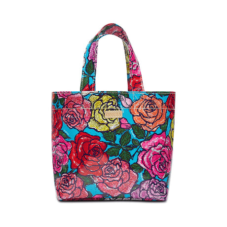 Colorful floral tote bag on a white background