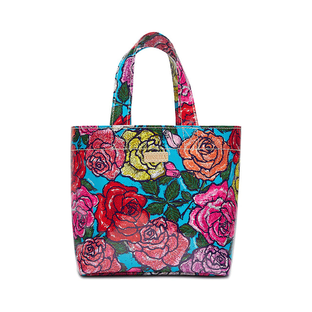 Colorful floral tote bag on a white background