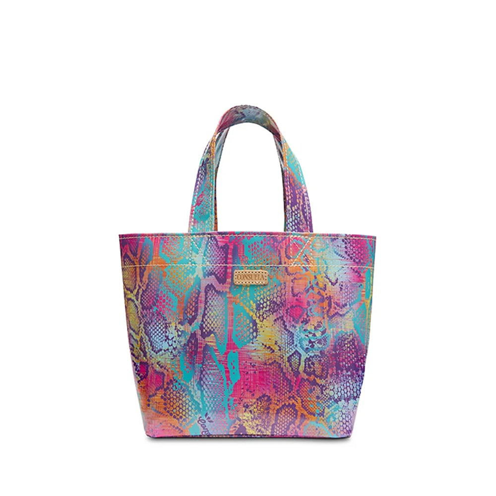 Colorful patterned handbag on a white background