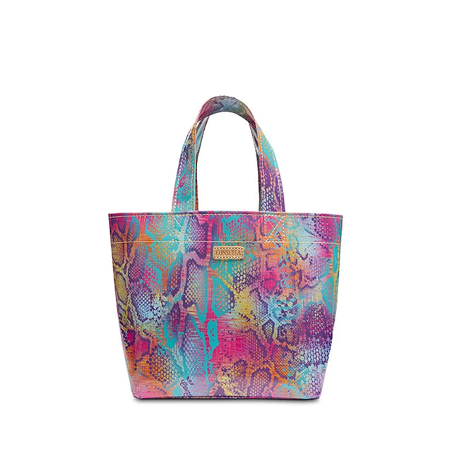 Colorful patterned handbag on a white background