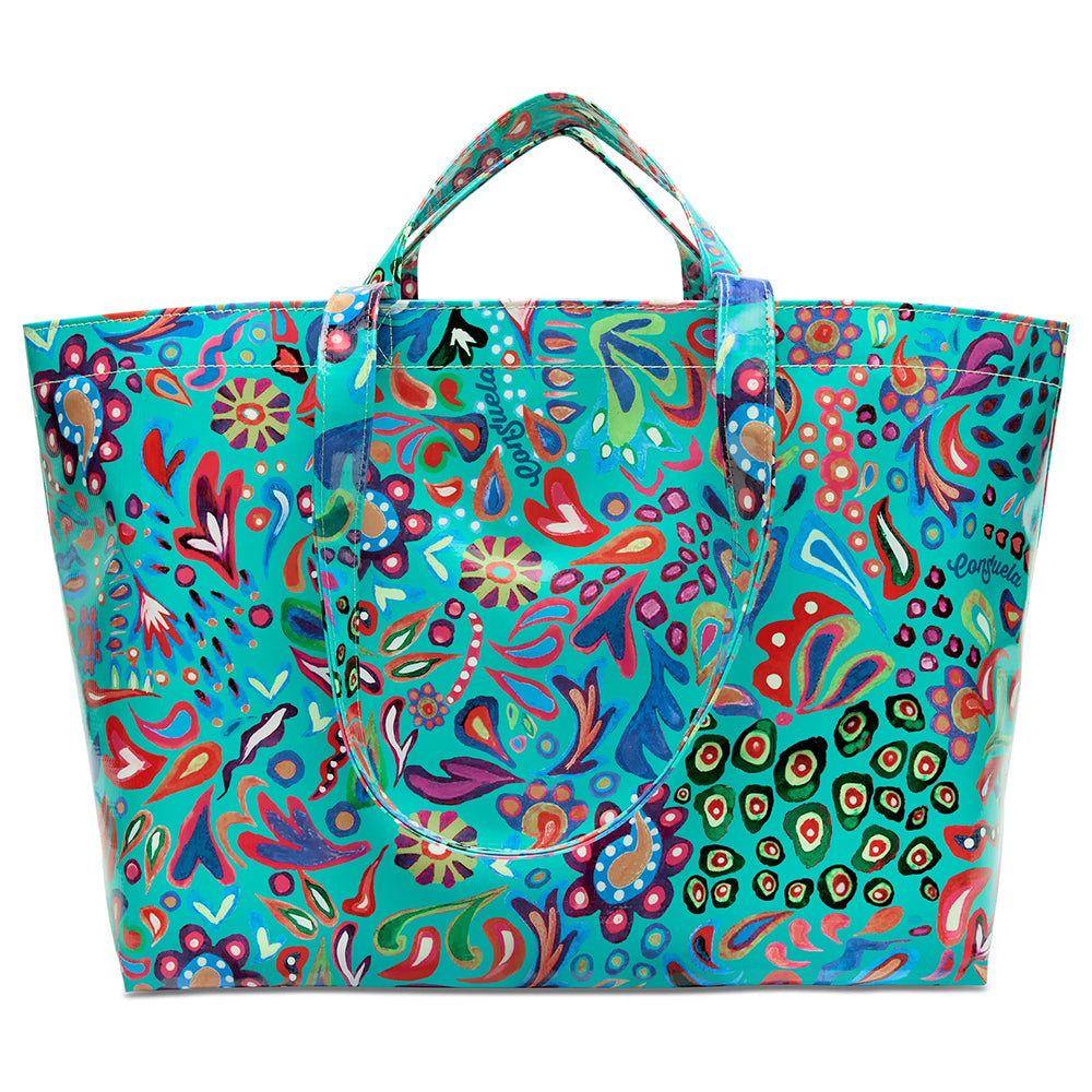 A large tote bag with a vibrant turquoise background and an all-over multicolor paisley and floral print, featuring dual top handles and a glossy finish.