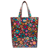 Colorful floral-patterned tote bag on a white background