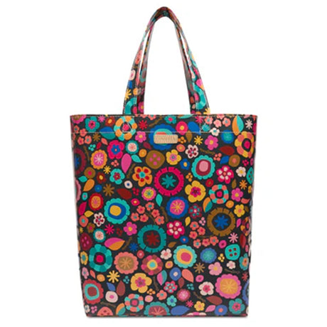 Colorful floral-patterned tote bag on a white background