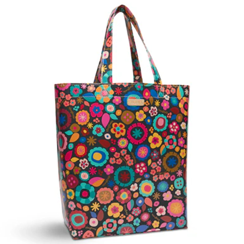 Colorful floral-patterned tote bag on a white background