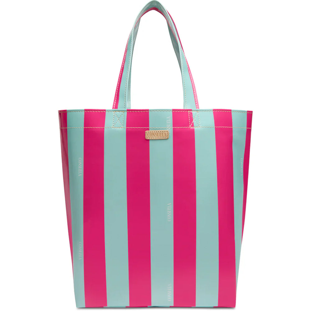Striped tote bag with pink and blue vertical stripes on a white background