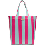 Striped tote bag with pink and blue vertical stripes on a white background