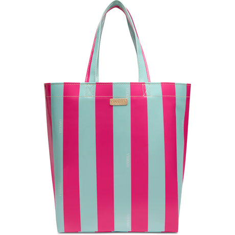 Striped tote bag with pink and blue vertical stripes on a white background